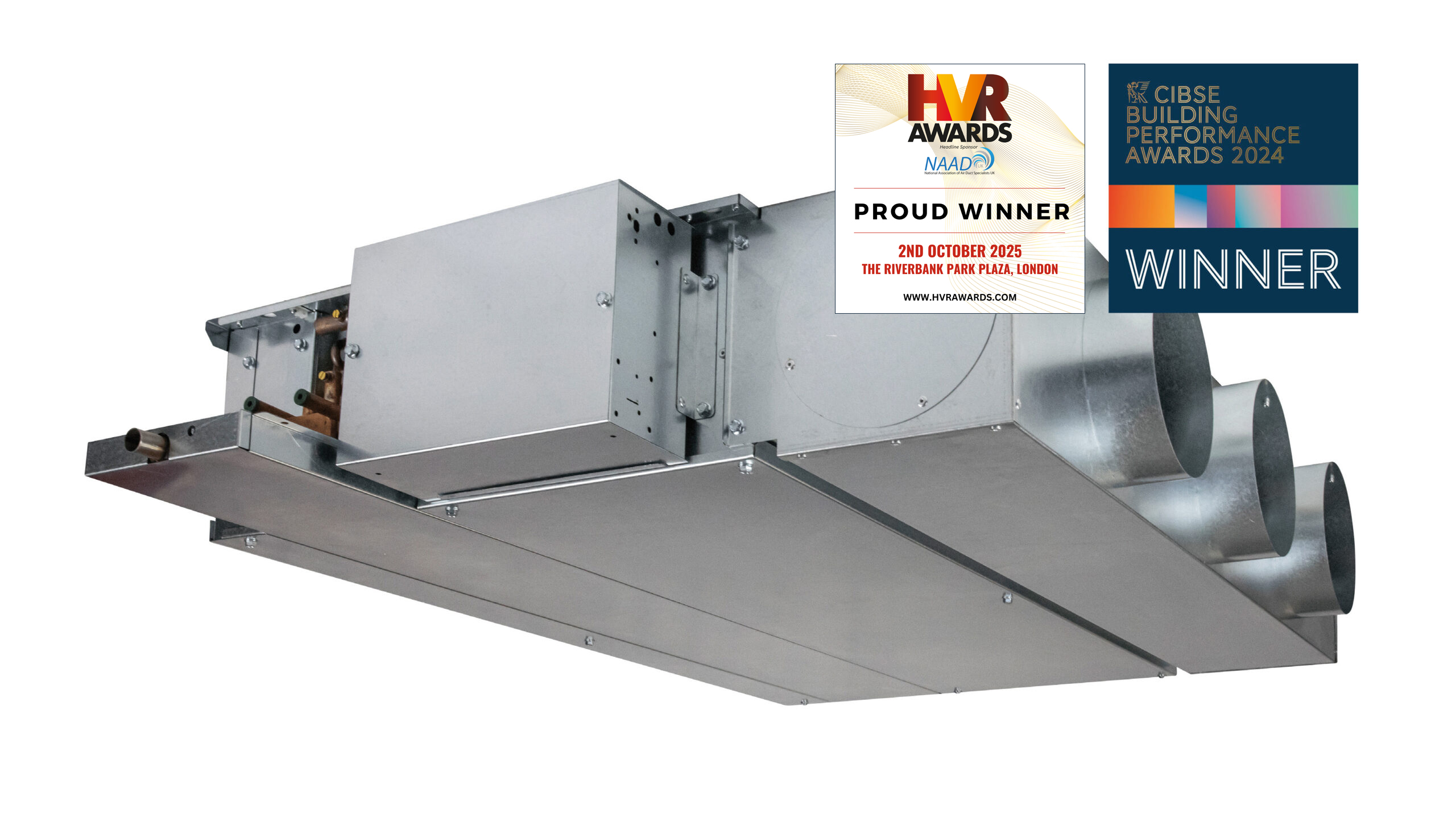 A Highline 235 modular fan coil unit with a CIBSE Building Performance 2024 winners logo in the corner