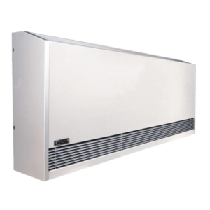 A Lowline 220, vertically mounted fan coil with a plastic safety cover