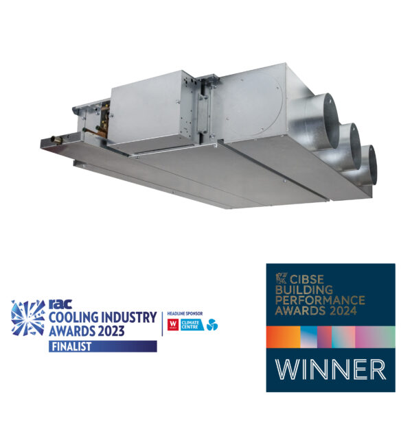 A Highline 235 modular fan coil unit with a CIBSE Building Performance 2024 winners logo and a Cooling Industry finalist logo in both corners